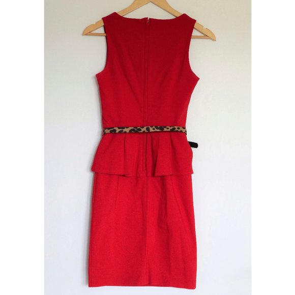 Red Sleeveless Fitted Dress with Peplum and Leopard Print Belt - Picture 2 of 8
